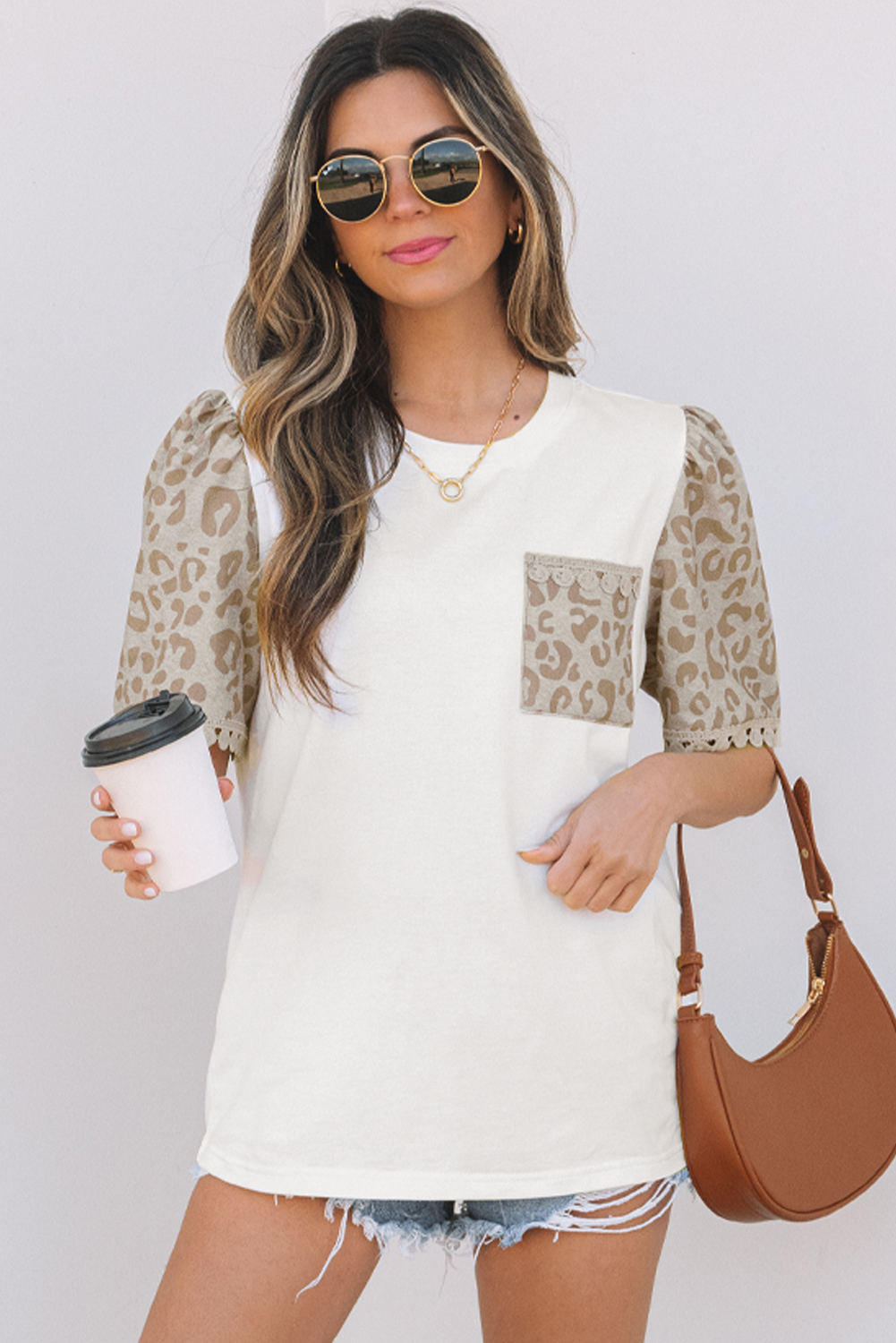 Women's T-Shirt, White Leopard Print, Puff Sleeve, Crochet Lace Trim, Round Neck, Elegant Style, Daily Wear, Summer Fashion, Stylish Tee, Eye-Catching Design, Functional Chest Pocket, Shift Silhouette, Tops & Tees - Detail View 4 Women's T-Shirt, White Leopard Print, Puff Sleeve, Crochet Lace Trim, Round Neck, Elegant Style, Daily Wear, Summer Fashion, Stylish Tee, Eye-Catching Design, Functional Chest Pocket, Shift Silhouette, Tops & Tees - Detail View 4