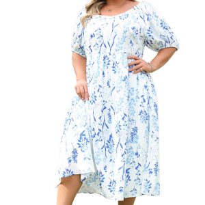 Plus Size Sky Blue Floral Print Sweetheart Neck Midi Dress for Women - Main View