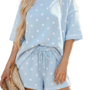 Women's Sky Blue Polka Dot Lounge Set – Exposed Seam Tee and Drawstring Shorts, Casual Daily Wear - Main View