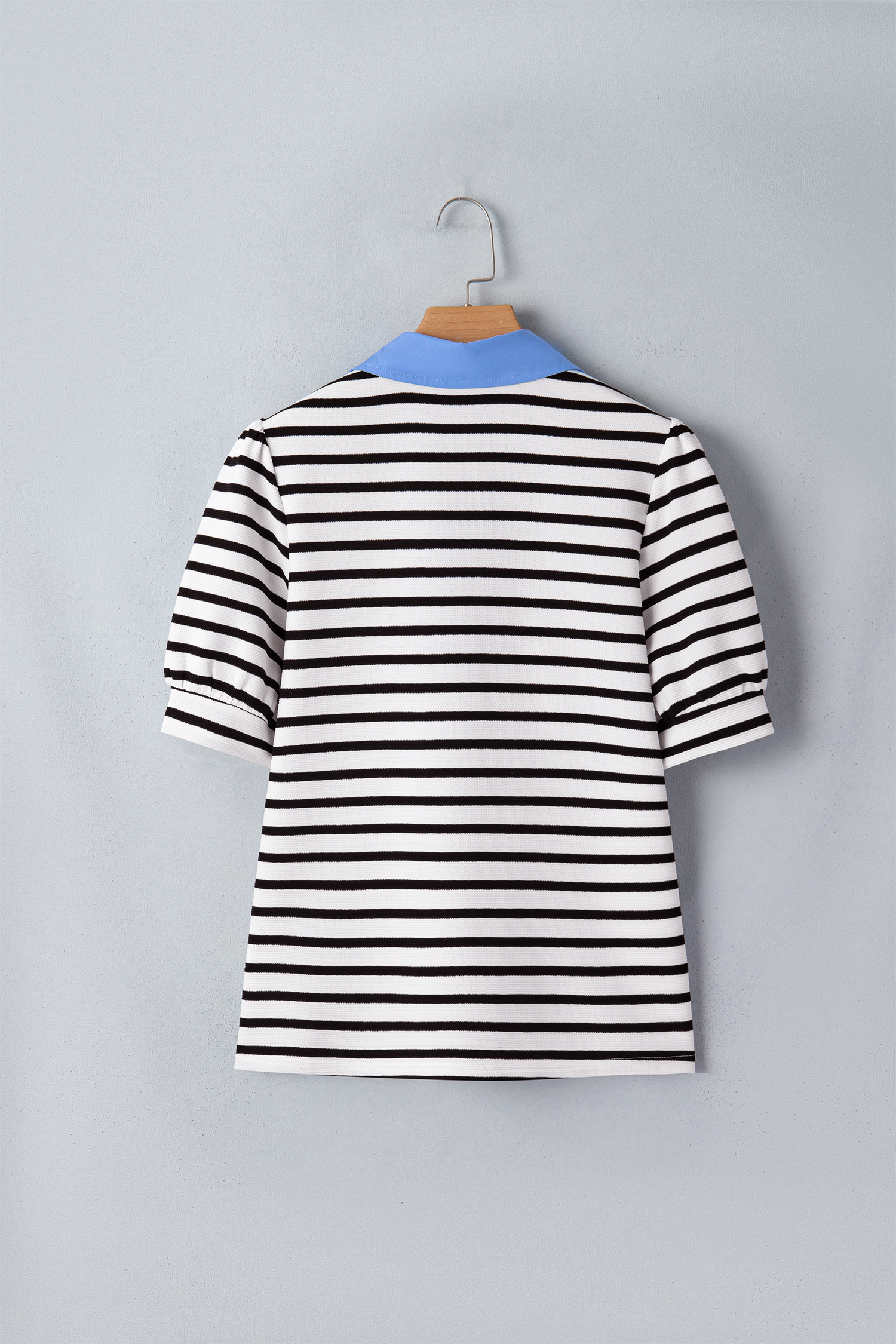 Chic Black Striped Polo Blouse for Women – Color Block V-Neck Top, Professional and Casual Style - Detail View 5 Chic Black Striped Polo Blouse for Women – Color Block V-Neck Top, Professional and Casual Style - Detail View 5