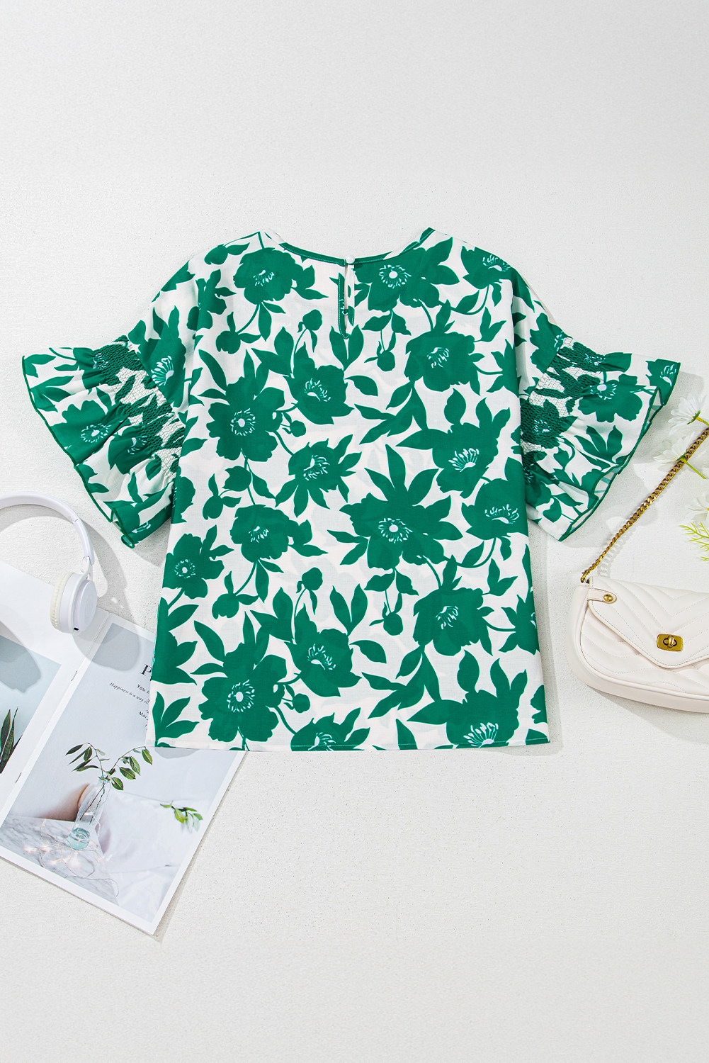 Loose Fit Round Neck Top for Women - Charming Green Floral Design - Detail View 7 Loose Fit Round Neck Top for Women - Charming Green Floral Design - Detail View 7