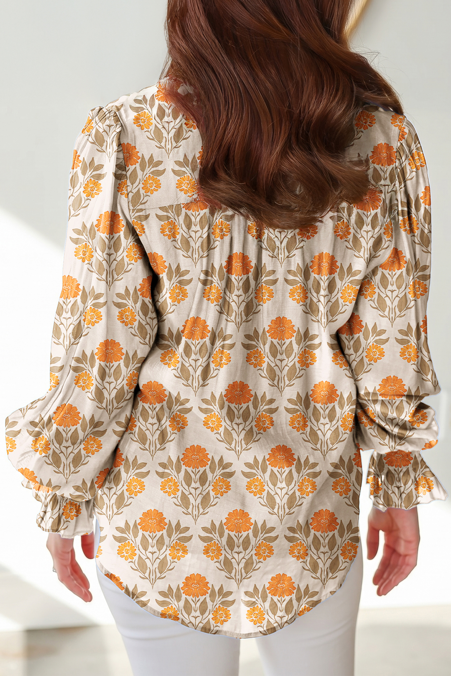 Long Sleeve Smocked Cuff Floral Blouse, Women's Casual Top - Detail View 6 Long Sleeve Smocked Cuff Floral Blouse, Women's Casual Top - Detail View 6