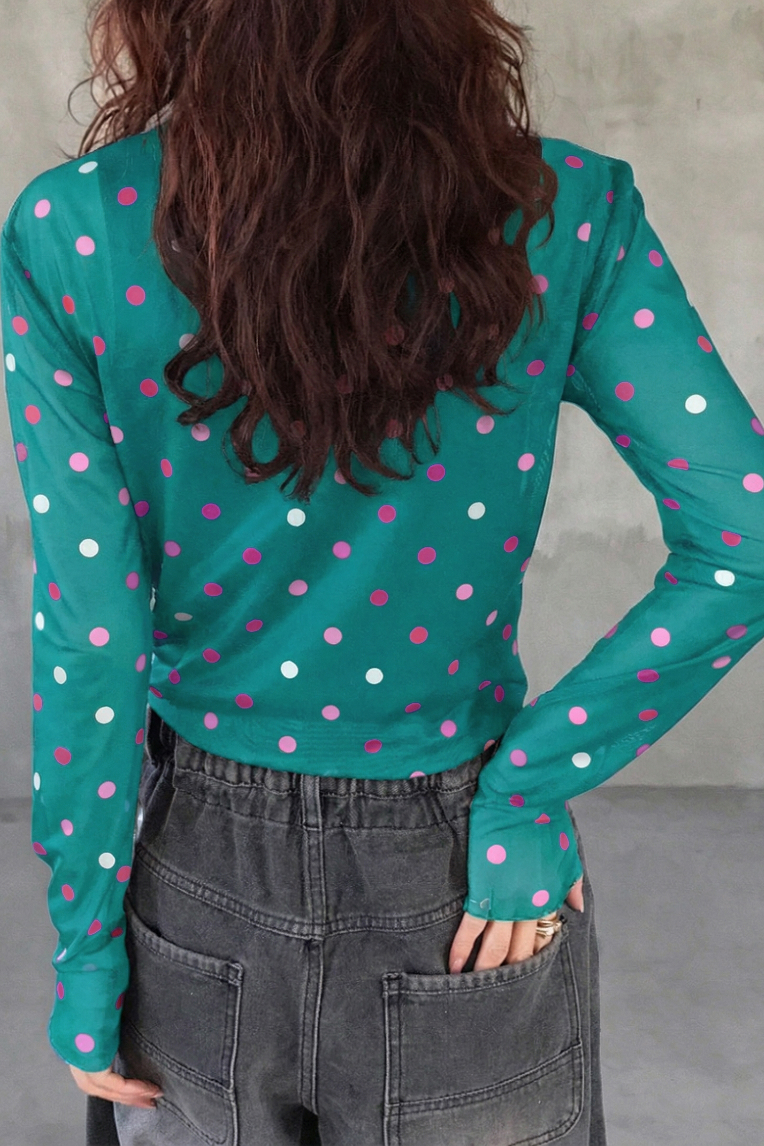 Feminine Polka Dot Mock Neck Top – Sheer Long Sleeve Sheath Blouse for Spring Events - Detail View 8 Feminine Polka Dot Mock Neck Top – Sheer Long Sleeve Sheath Blouse for Spring Events - Detail View 8
