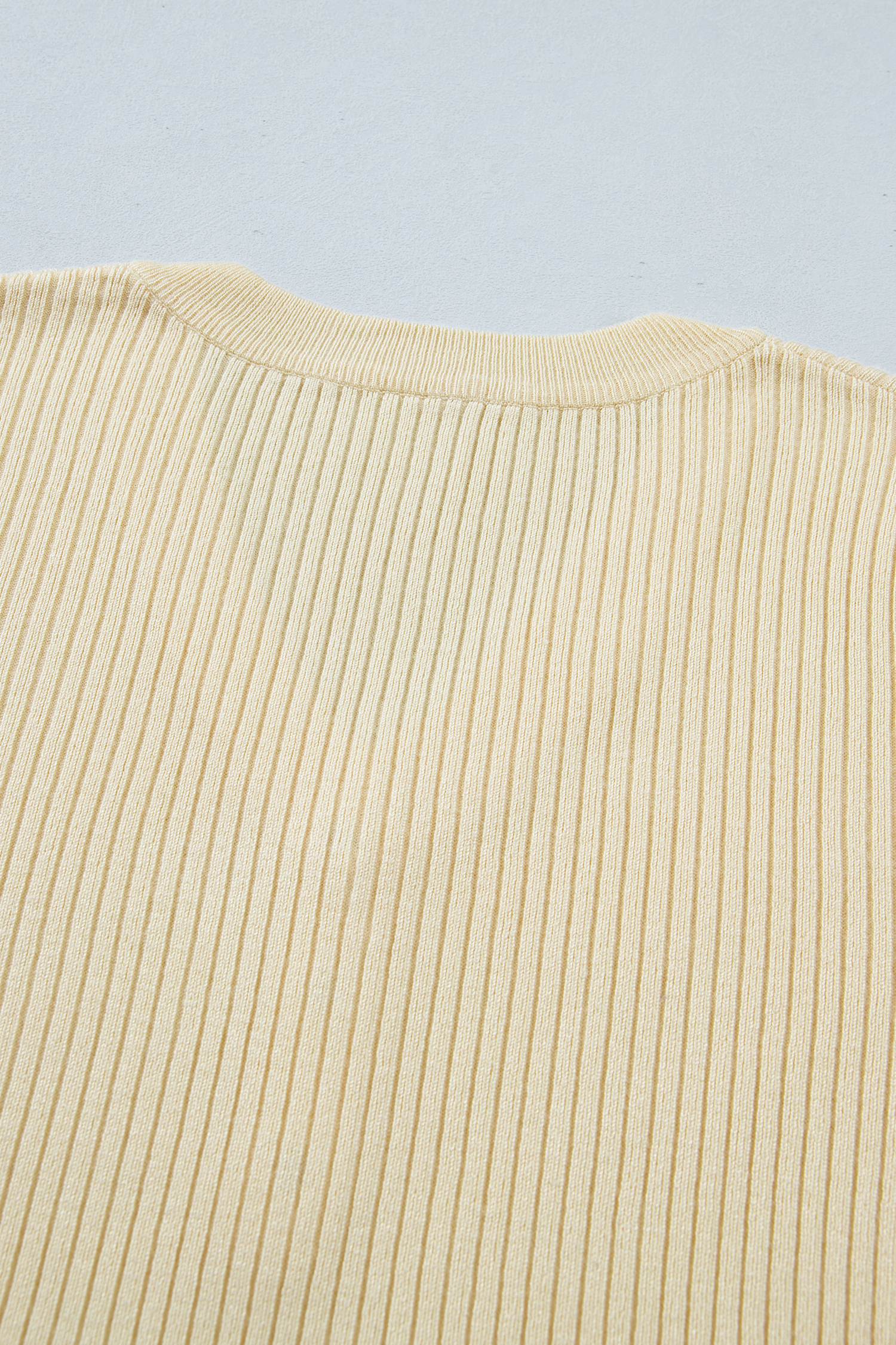 Casual Summer Knit Sweater for Women – Soft Ribbed V-Neck Pullover with Striped Trim and Button Front - Detail View 5 Casual Summer Knit Sweater for Women – Soft Ribbed V-Neck Pullover with Striped Trim and Button Front - Detail View 5