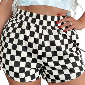 Women's Plus Size Checkered Athleisure Shorts – High Waist Plaid Casual Summer Shorts - Main View