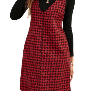 Women's Red Houndstooth V-Neck Sleeveless Mini Dress for Daily Wear - Main View