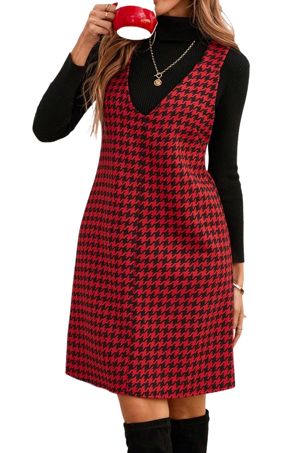 Women's Red Houndstooth V-Neck Sleeveless Mini Dress for Daily Wear - Main View Women's Red Houndstooth V-Neck Sleeveless Mini Dress for Daily Wear - Main View