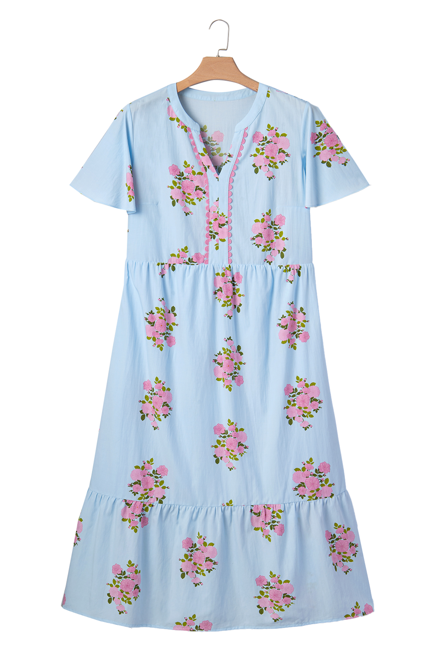 Floral Print V-Neck Summer Dress for Women – Sky Blue Short Sleeve Vacation Maxi with Rick Rack Trim - Detail View 17 Floral Print V-Neck Summer Dress for Women – Sky Blue Short Sleeve Vacation Maxi with Rick Rack Trim - Detail View 17