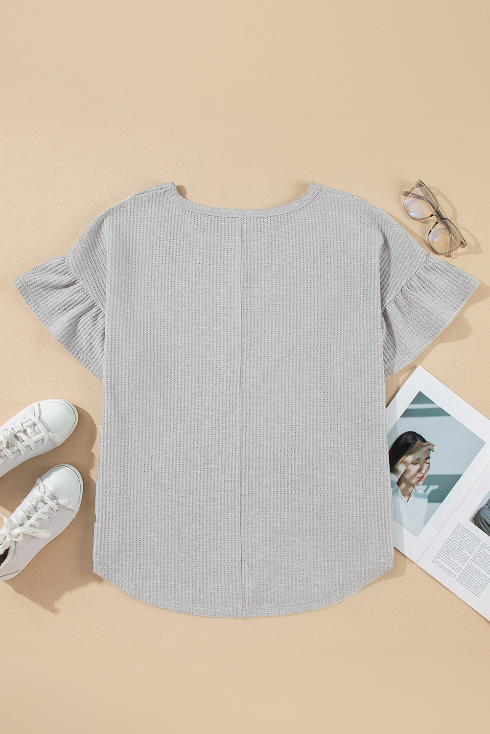 Plus Size Top, Light Grey, Lace Insert, Waffle Knit, Ruffle Sleeves, Casual Style, Daily Wear, Short Sleeve, Flowing Fit, Elegant Design, Comfortable Fabric, Round Neck, Solid Color, Summer Fashion, Tops & Tees - Detail View 4 Plus Size Top, Light Grey, Lace Insert, Waffle Knit, Ruffle Sleeves, Casual Style, Daily Wear, Short Sleeve, Flowing Fit, Elegant Design, Comfortable Fabric, Round Neck, Solid Color, Summer Fashion, Tops & Tees - Detail View 4