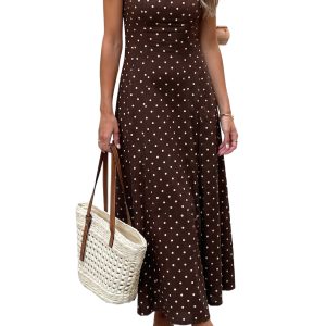 Women's Polka Dot Square Neck Maxi Dress – Summer Vacation - Main View