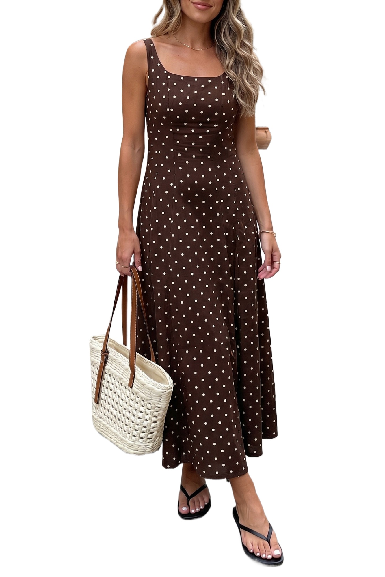 Women's Polka Dot Square Neck Maxi Dress – Summer Vacation - Main View Women's Polka Dot Square Neck Maxi Dress – Summer Vacation - Main View