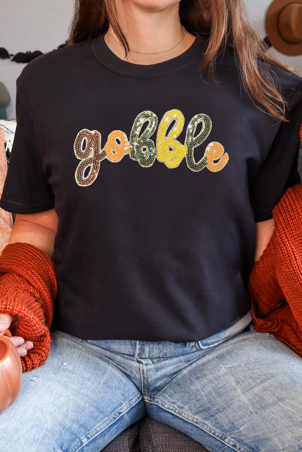 Black Gobble Sequin Letter Tee for Women – Fun Thanksgiving Top for Everyday Outfits - Detail View 5 Black Gobble Sequin Letter Tee for Women – Fun Thanksgiving Top for Everyday Outfits - Detail View 5