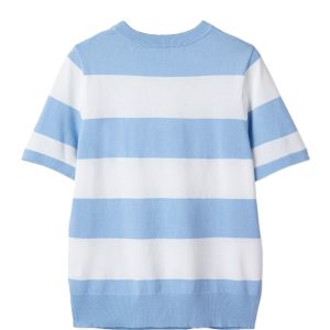 Sky Blue Stripe Colorblock Knitted T-Shirt for Women – Casual Summer Essential - Main View