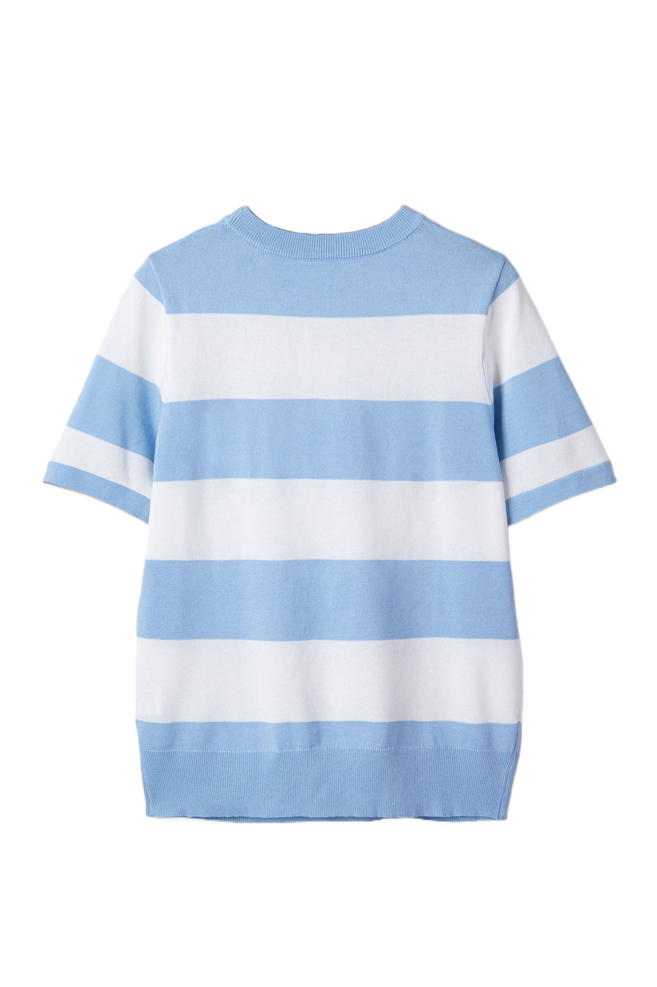 Sky Blue Stripe Colorblock Knitted T-Shirt for Women – Casual Summer Essential - Main View Sky Blue Stripe Colorblock Knitted T-Shirt for Women – Casual Summer Essential - Main View