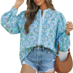 Women's Sky Blue Paisley Print Puff Sleeve Shirt – Casual Bohemian Style for Spring & Vacation - Main View