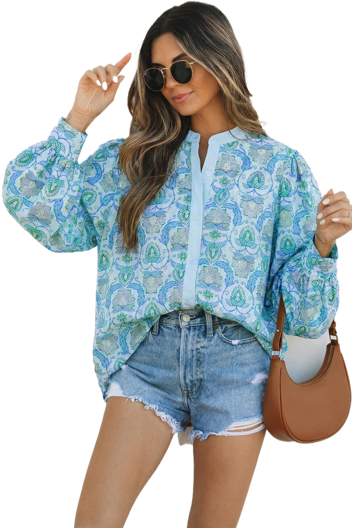 Women's Sky Blue Paisley Print Puff Sleeve Shirt – Casual Bohemian Style for Spring & Vacation - Main View Women's Sky Blue Paisley Print Puff Sleeve Shirt – Casual Bohemian Style for Spring & Vacation - Main View