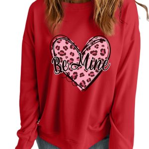 Women's Red 'Be Mine' Leopard Heart Printed Valentine's Sweatshirt - Main View