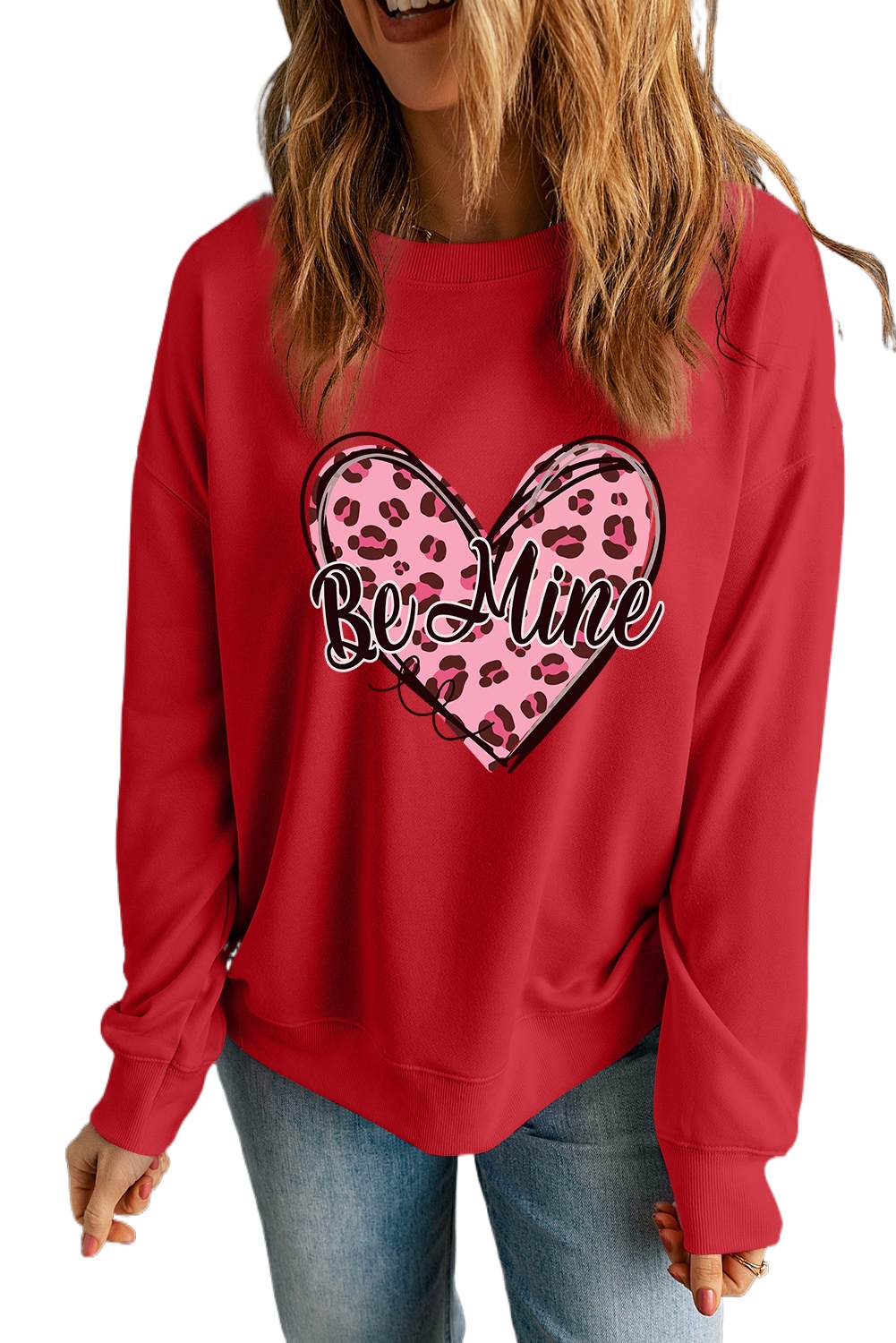 Women's Red 'Be Mine' Leopard Heart Printed Valentine's Sweatshirt - Main View Women's Red 'Be Mine' Leopard Heart Printed Valentine's Sweatshirt - Main View