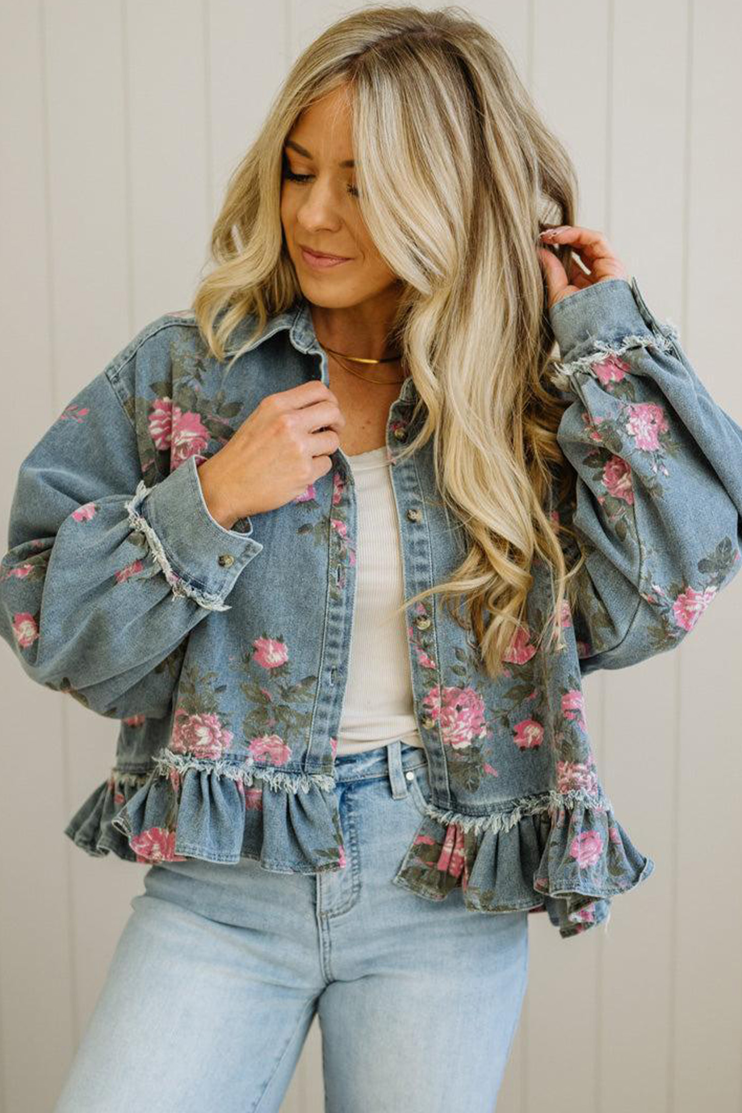 Women's Casual Denim Coat, Floral Print Shirt Collar Jacket - Detail View 6 Women's Casual Denim Coat, Floral Print Shirt Collar Jacket - Detail View 6