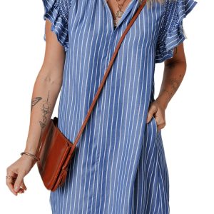 Women's Sky Blue Stripe Frilly Split Neck Shirred Ruffle Sleeve Mini Dress - Main View