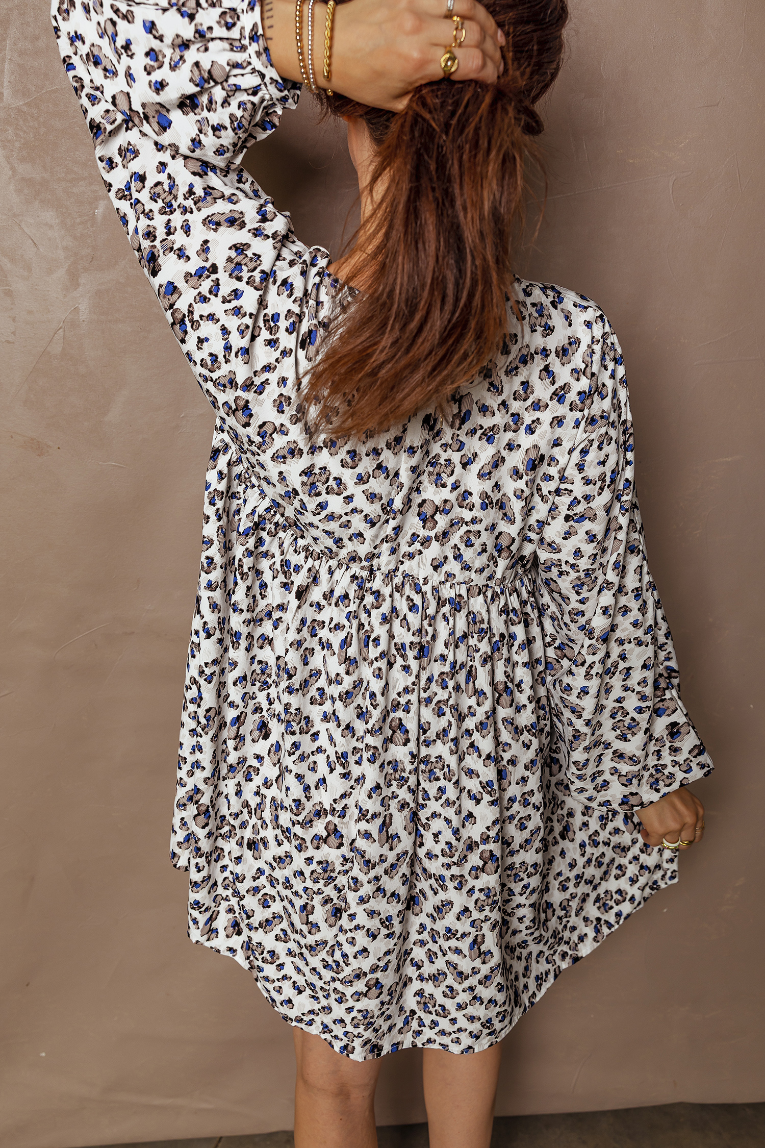 Women's Multicolour Leopard Print V Neck Mini Dress – Long Sleeve Casual Chic for Spring - Detail View 10 Women's Multicolour Leopard Print V Neck Mini Dress – Long Sleeve Casual Chic for Spring - Detail View 10