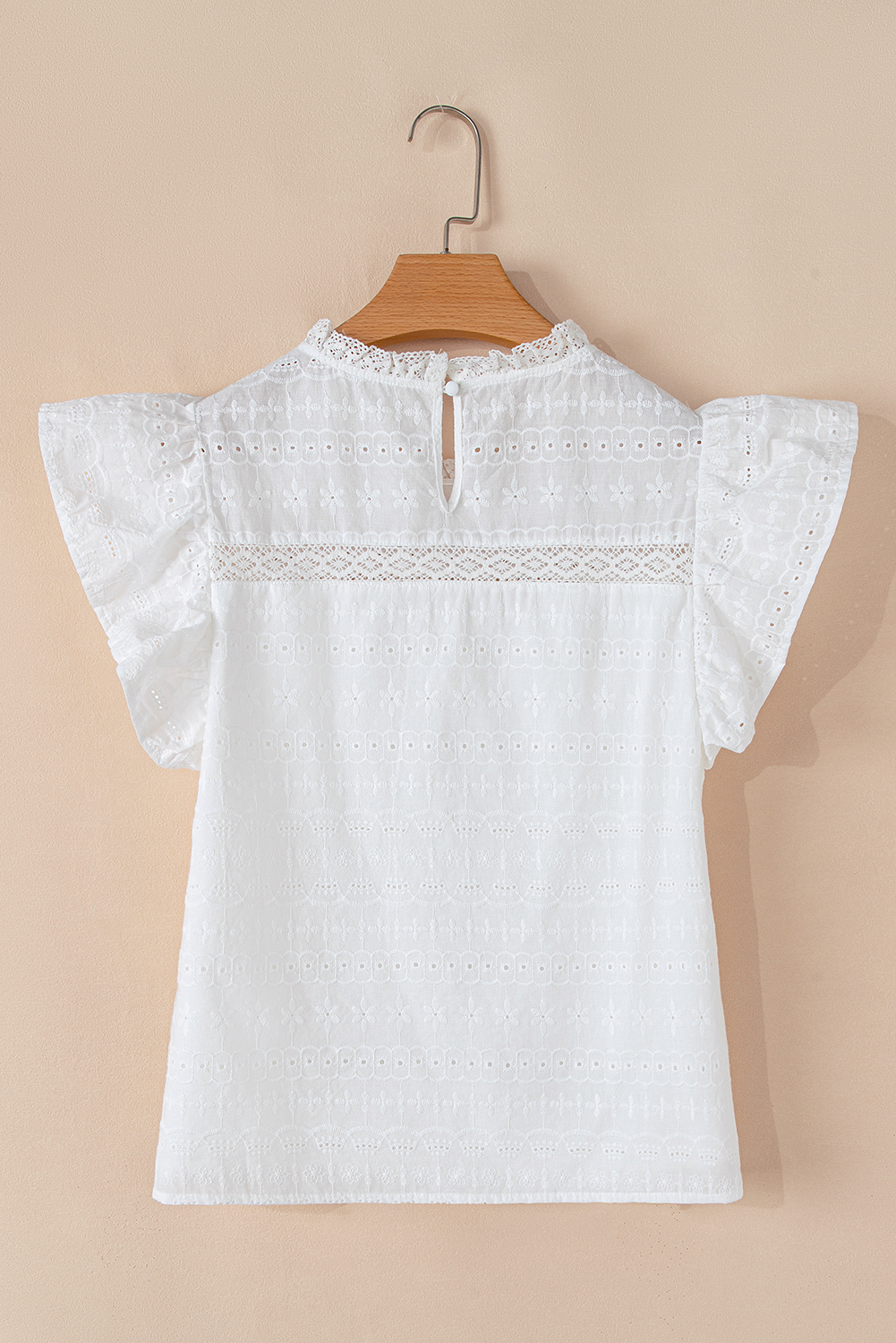 Women's Blouse, White Top, Lace Neckline, Flutter Sleeves, Eyelet Details, Casual Wear, Summer Fashion, Daily Outfit, Solid Color, Elegant Style, Country Chic, 100% Cotton, Shift Silhouette - Detail View 12 Women's Blouse, White Top, Lace Neckline, Flutter Sleeves, Eyelet Details, Casual Wear, Summer Fashion, Daily Outfit, Solid Color, Elegant Style, Country Chic, 100% Cotton, Shift Silhouette - Detail View 12