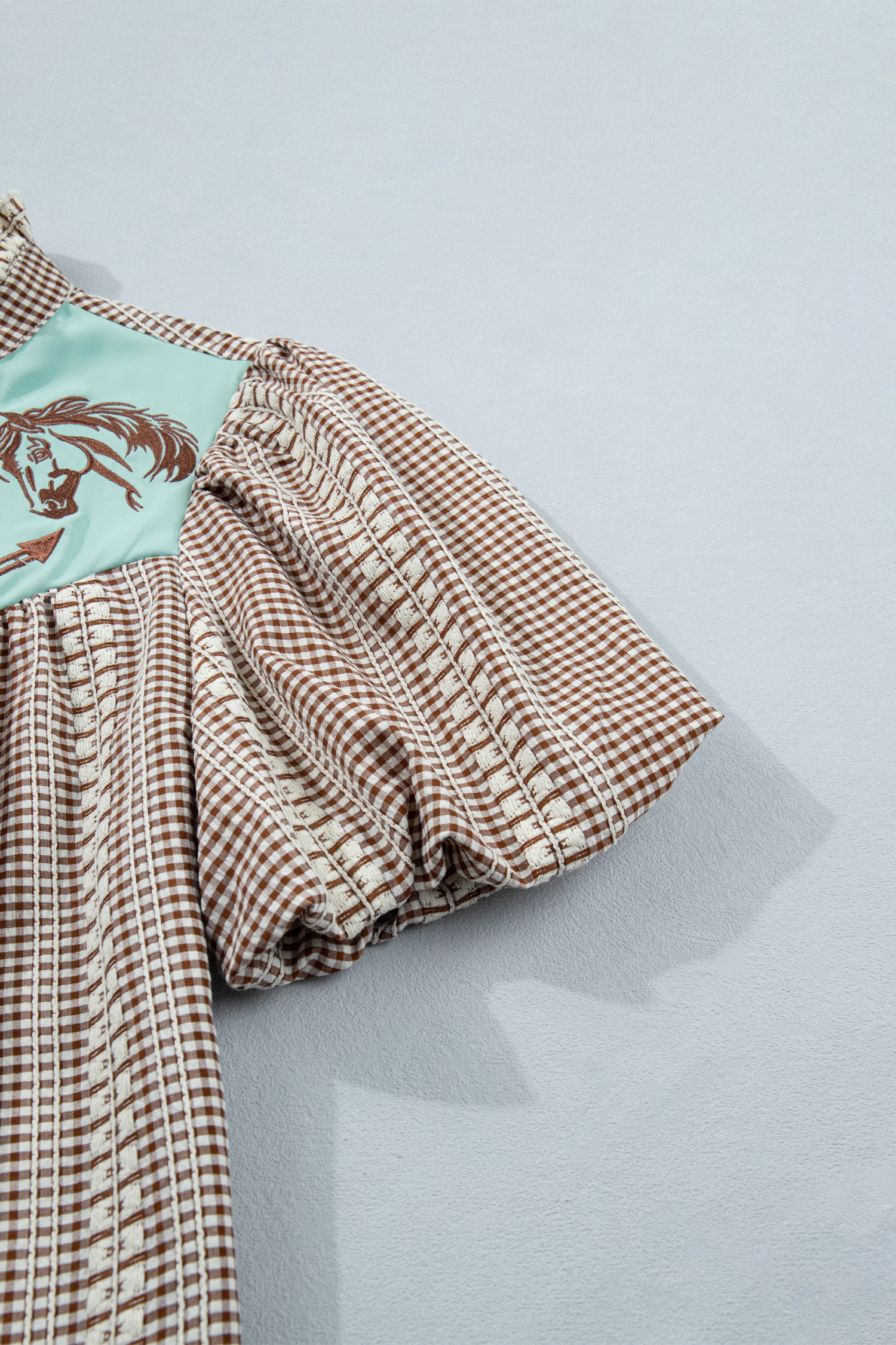 Women's Western Gingham Blouse – Embroidered Pony Yoke V-Neck Top with Puff Sleeves, Brown Plaid Casual Shirt - Detail View 7 Women's Western Gingham Blouse – Embroidered Pony Yoke V-Neck Top with Puff Sleeves, Brown Plaid Casual Shirt - Detail View 7