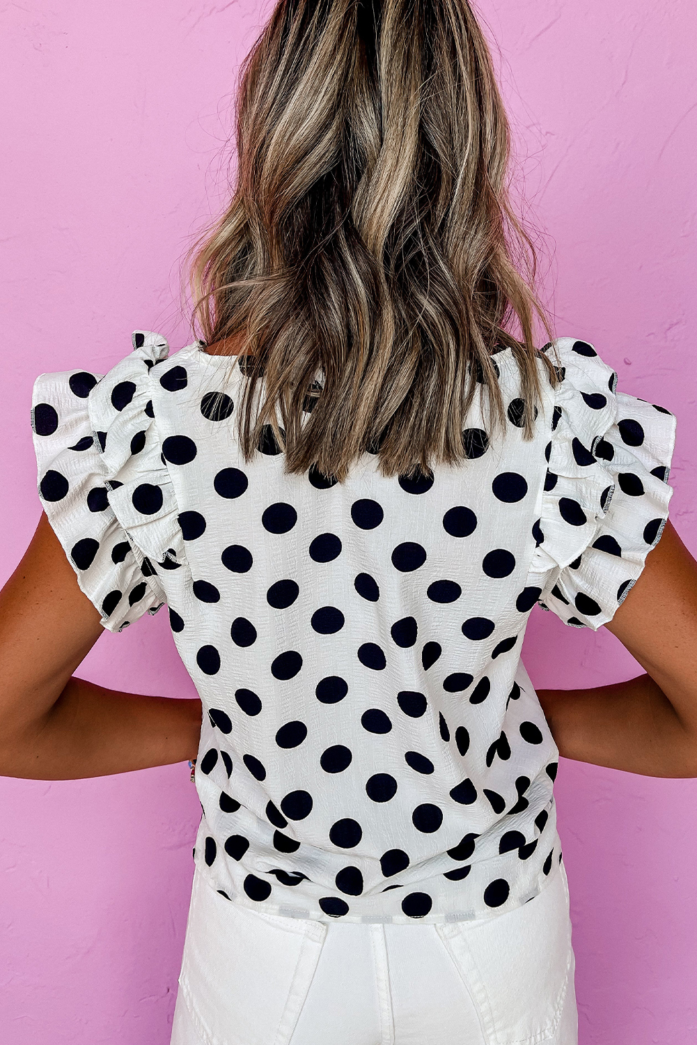 Stylish Polka Dot Ruffle Sleeve Blouse with Flattering V Neck for Casual & Dressy Occasions - Detail View 2 Stylish Polka Dot Ruffle Sleeve Blouse with Flattering V Neck for Casual & Dressy Occasions - Detail View 2