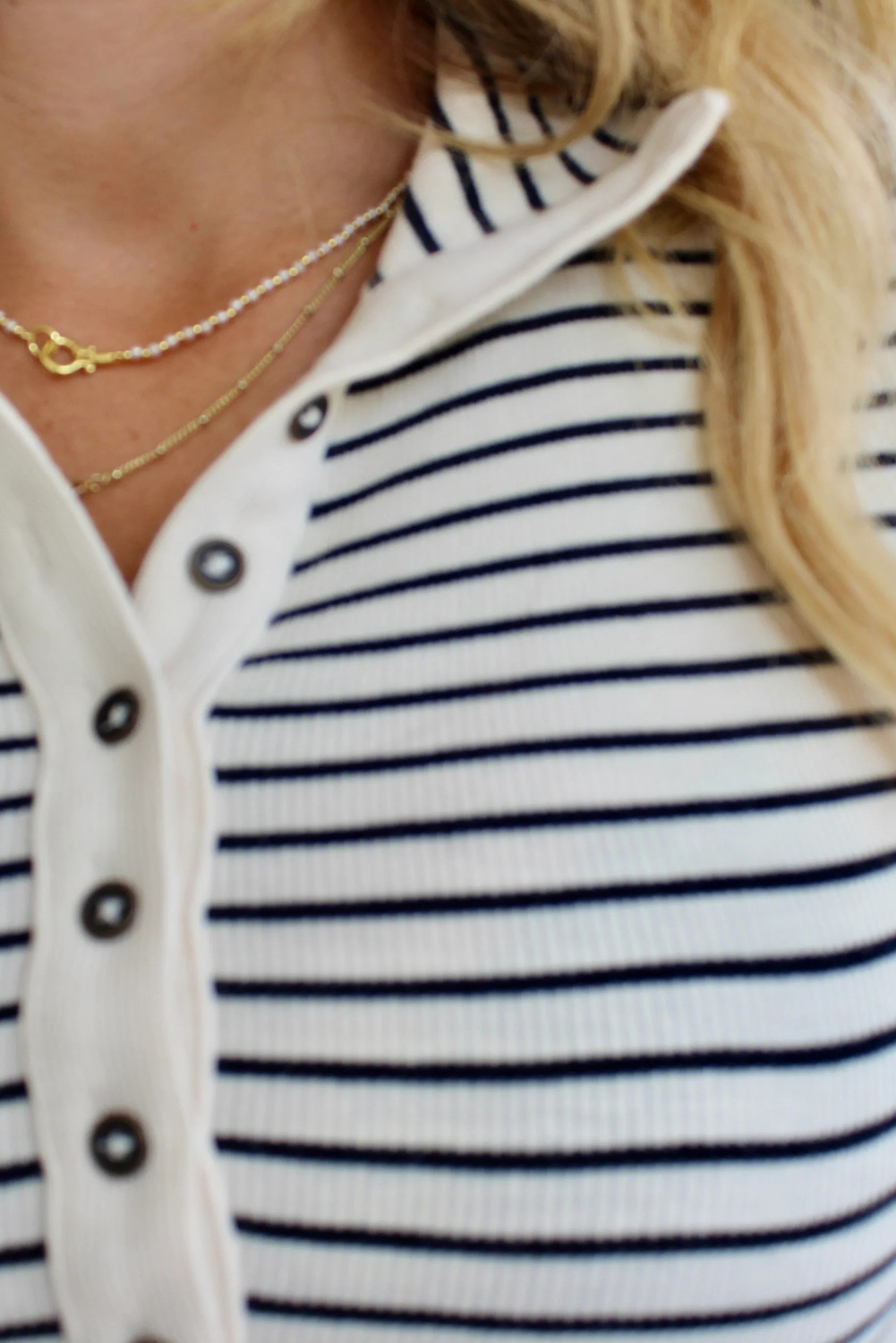Chic Black Stripe Ribbed Knit Half Button Top – Long Sleeve Slim Fit for Fall Style - Detail View 5 Chic Black Stripe Ribbed Knit Half Button Top – Long Sleeve Slim Fit for Fall Style - Detail View 5