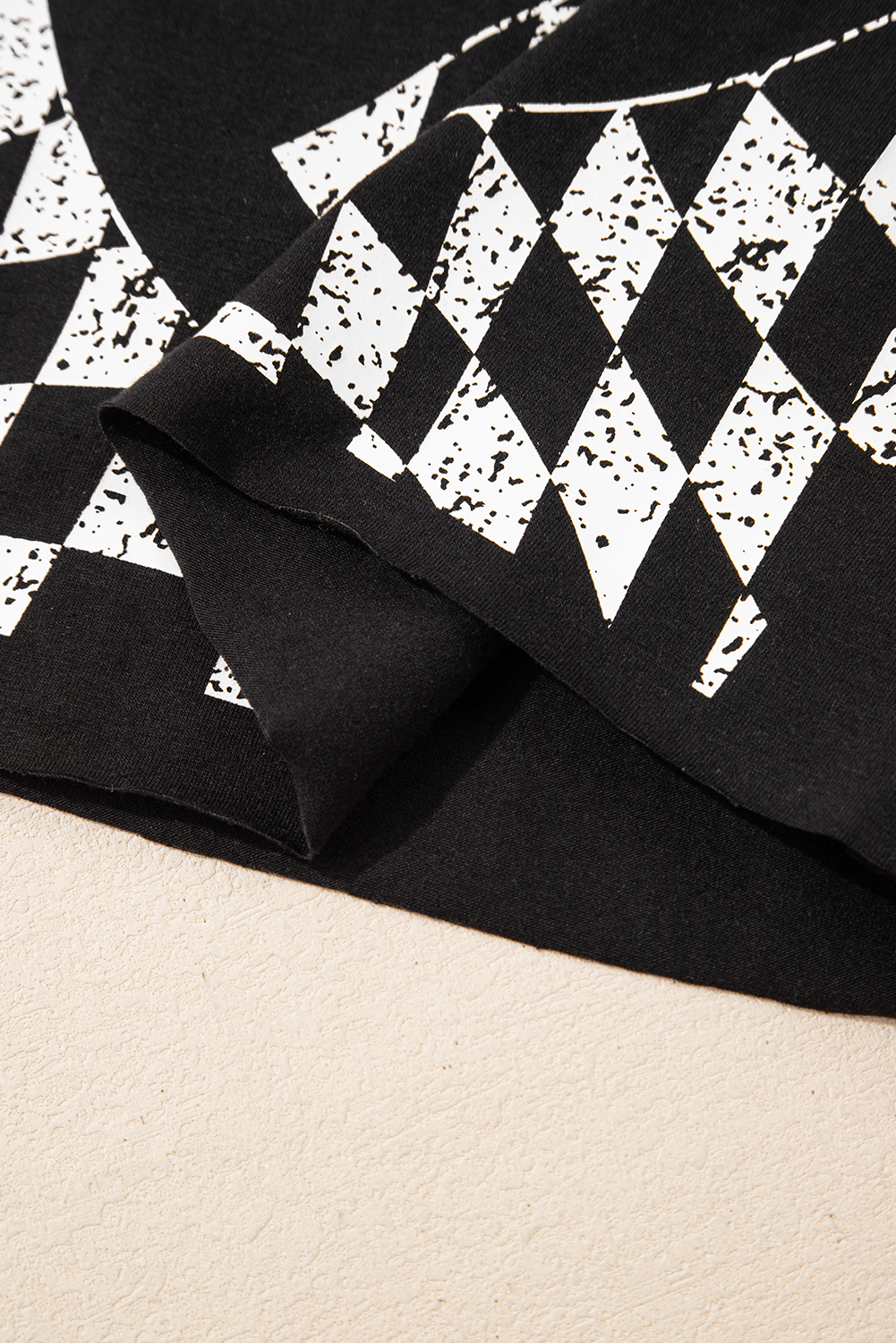 Stylish Black Round Neck Tee with Checkerboard and Peace Sign Design - Detail View 18 Stylish Black Round Neck Tee with Checkerboard and Peace Sign Design - Detail View 18