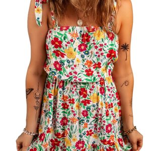 Women's Red Floral Mini Dress with Knotted Straps and Ruffle Hem - Main View