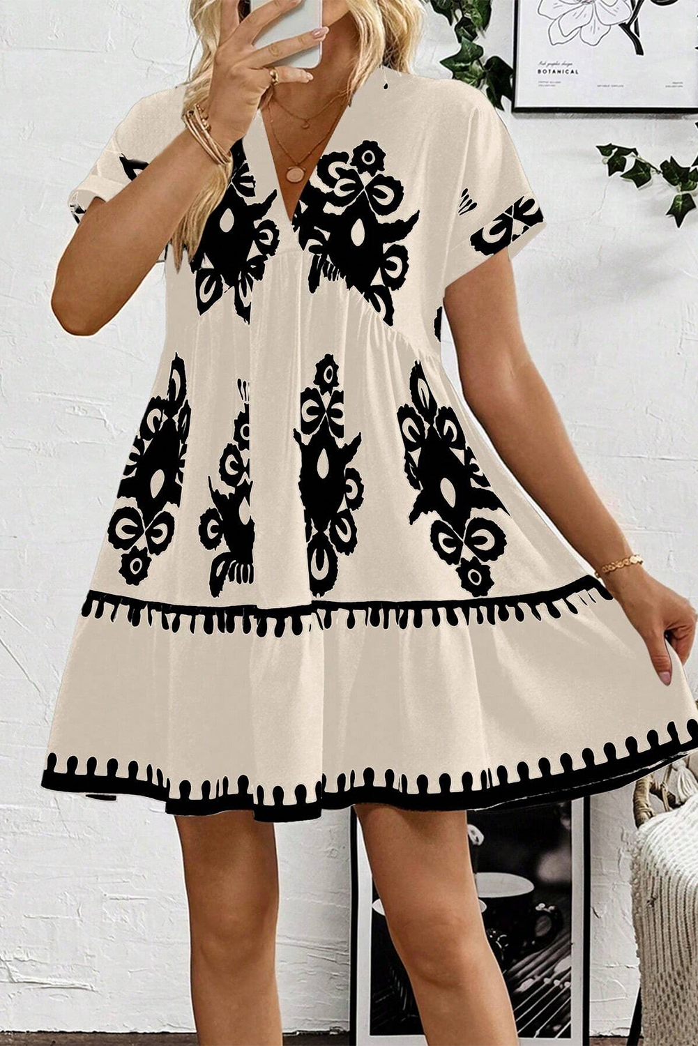 Women's Dress, Black Vintage Print, V Neck, High Waist, Short Sleeve, Bohemian Style, Retro Dress, A-Line Silhouette, Summer Fashion, Daily Wear, Casual Dress, Comfortable Fit, Unique Design - Detail View 4 Women's Dress, Black Vintage Print, V Neck, High Waist, Short Sleeve, Bohemian Style, Retro Dress, A-Line Silhouette, Summer Fashion, Daily Wear, Casual Dress, Comfortable Fit, Unique Design - Detail View 4