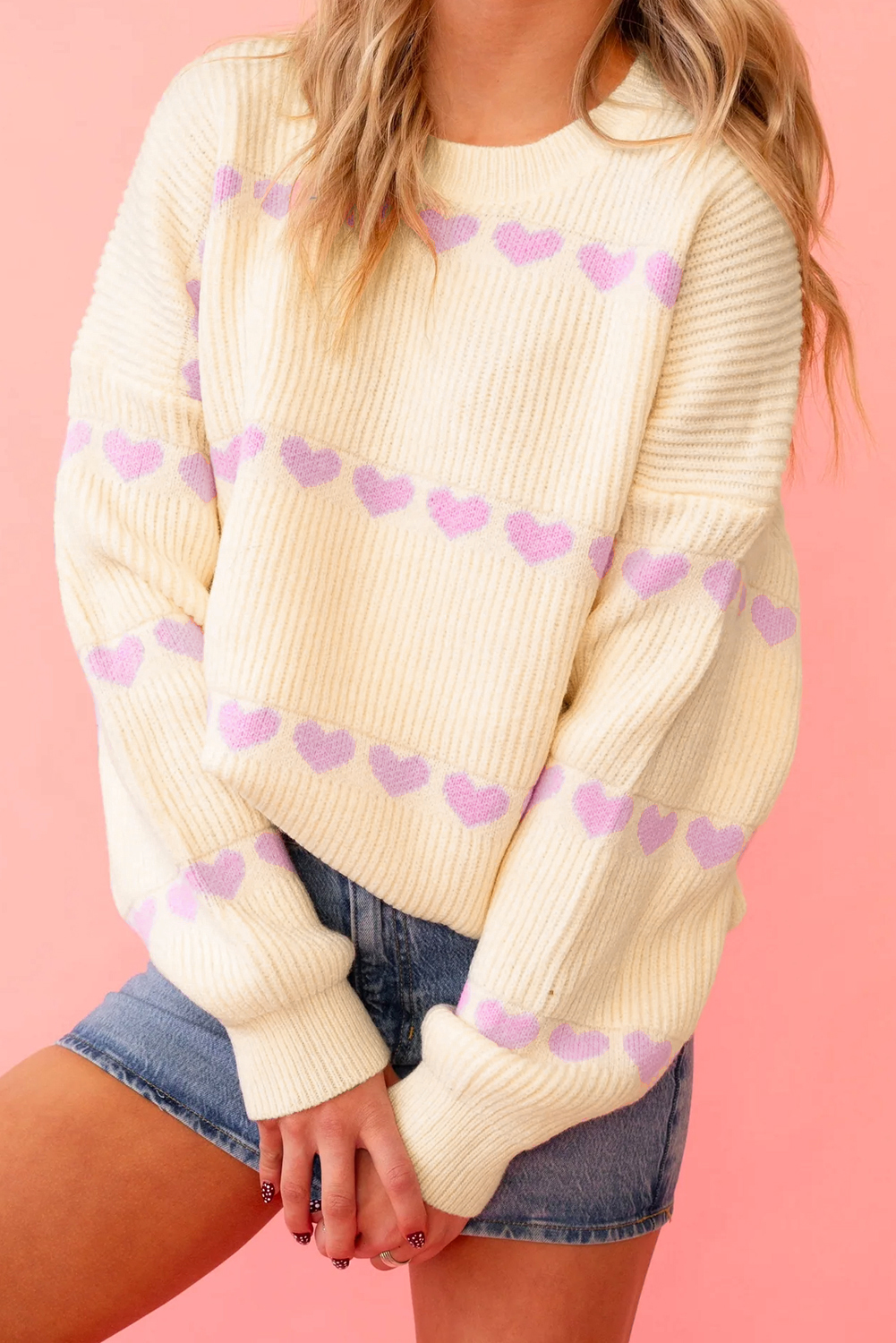 Women's Cozy Ribbed Knit Sweater with Heart Print for Fall - Detail View 3 Women's Cozy Ribbed Knit Sweater with Heart Print for Fall - Detail View 3