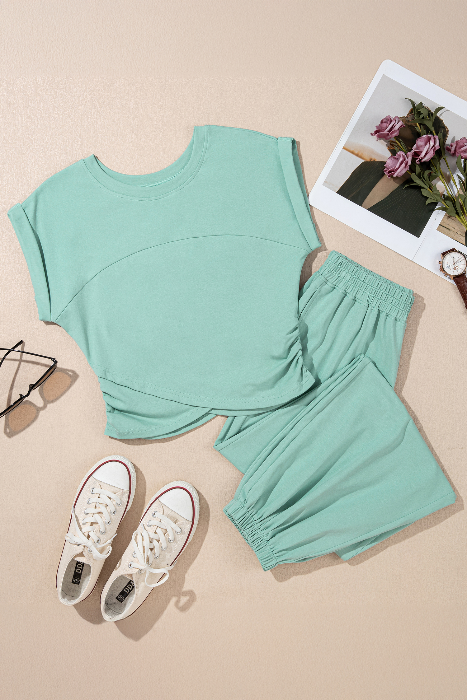 Comfortable Two-Piece Loungewear for Women – Moonlight Jade Sleeveless Tank and Jogger Pants - Detail View 6 Comfortable Two-Piece Loungewear for Women – Moonlight Jade Sleeveless Tank and Jogger Pants - Detail View 6