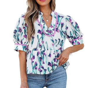 Women's Purple Floral Ricrac Trim Peplum Top with Puff Sleeves - Main View