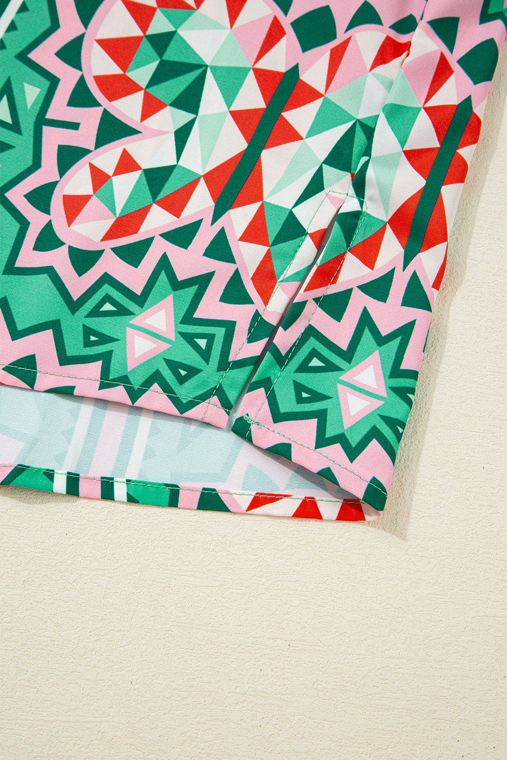 Women's Sea Green Boho Abstract Print Contrast Striped V Neck Blouse - Detail View 9 Women's Sea Green Boho Abstract Print Contrast Striped V Neck Blouse - Detail View 9