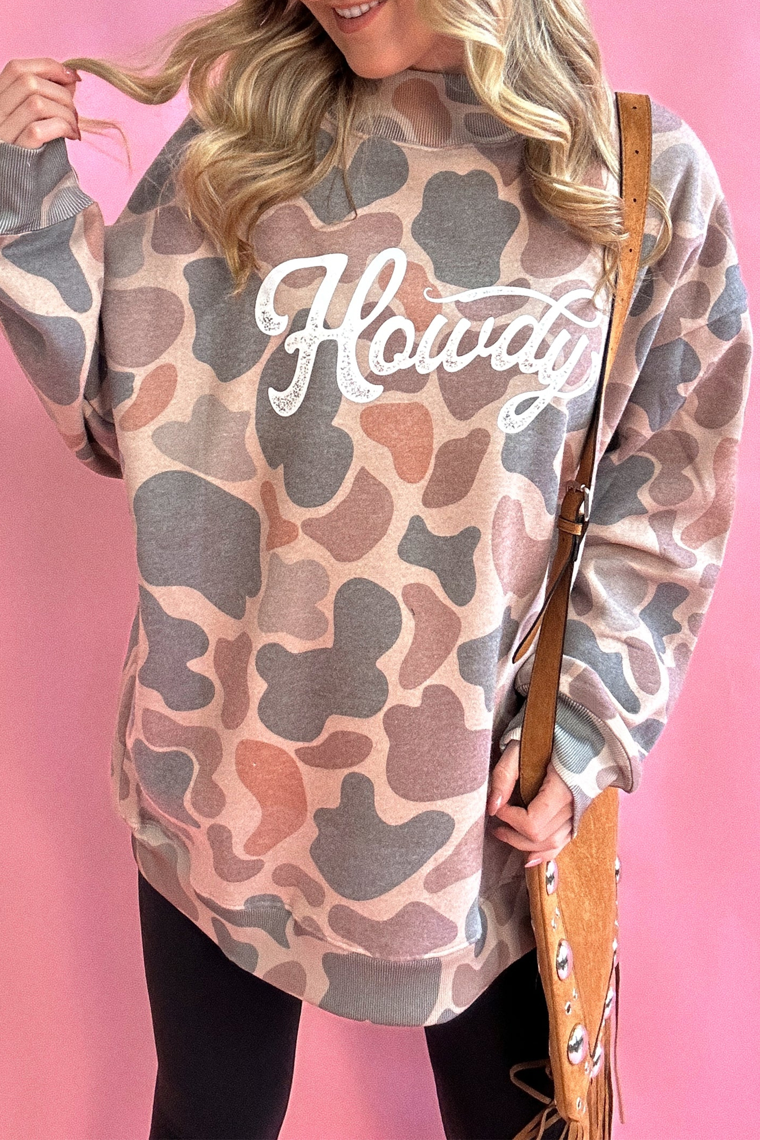 Western Style Howdy Sweatshirt – Women's Camo Print Pullover - Detail View 5 Western Style Howdy Sweatshirt – Women's Camo Print Pullover - Detail View 5