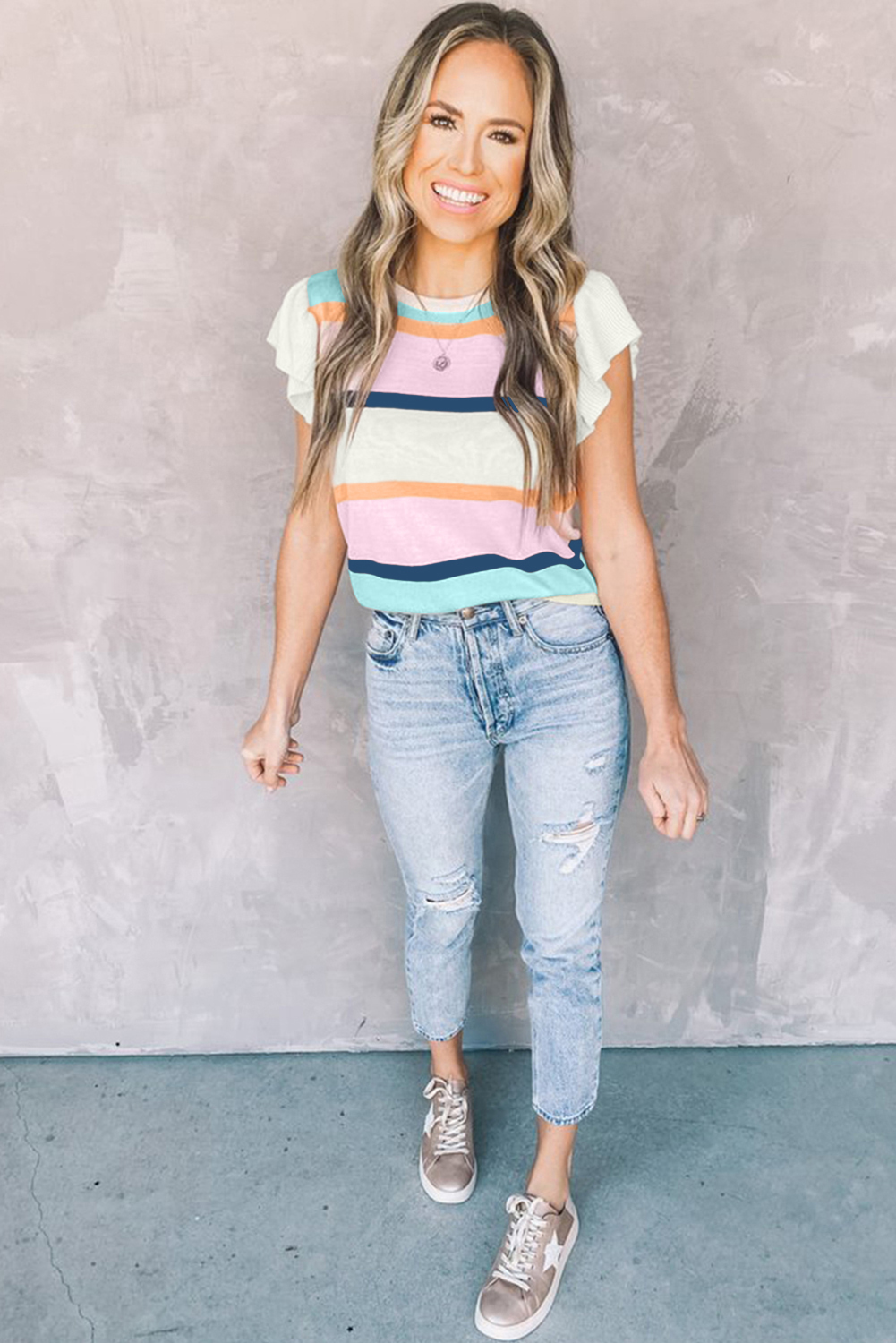 Trendy Round Neck Multicolor Striped Short Sleeve Knit Sweater for Casual Outfits - Detail View 3 Trendy Round Neck Multicolor Striped Short Sleeve Knit Sweater for Casual Outfits - Detail View 3