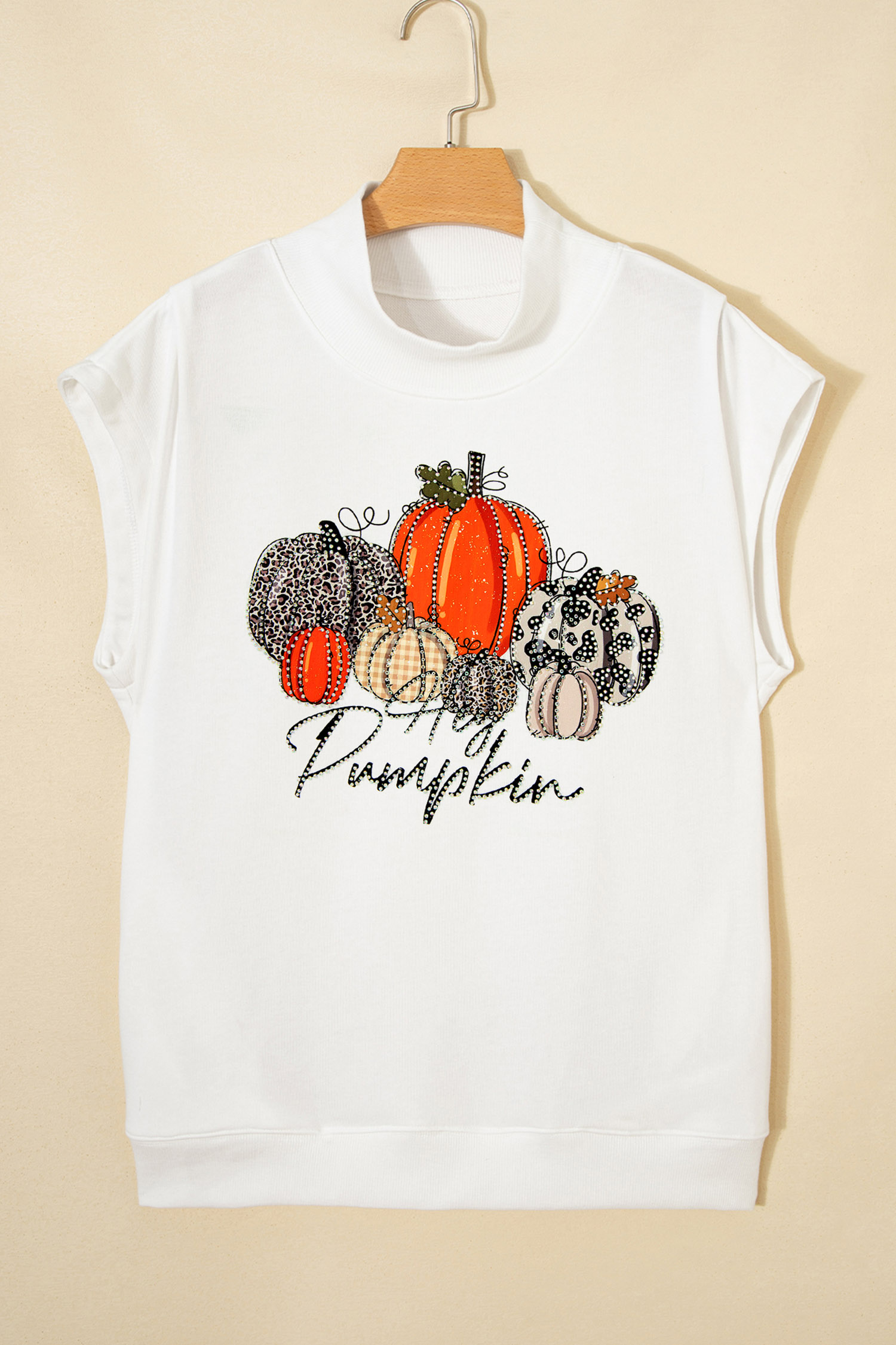 Women's Pumpkin Graphic Cap Sleeve Top, Casual Mock Neck - Detail View 7 Women's Pumpkin Graphic Cap Sleeve Top, Casual Mock Neck - Detail View 7