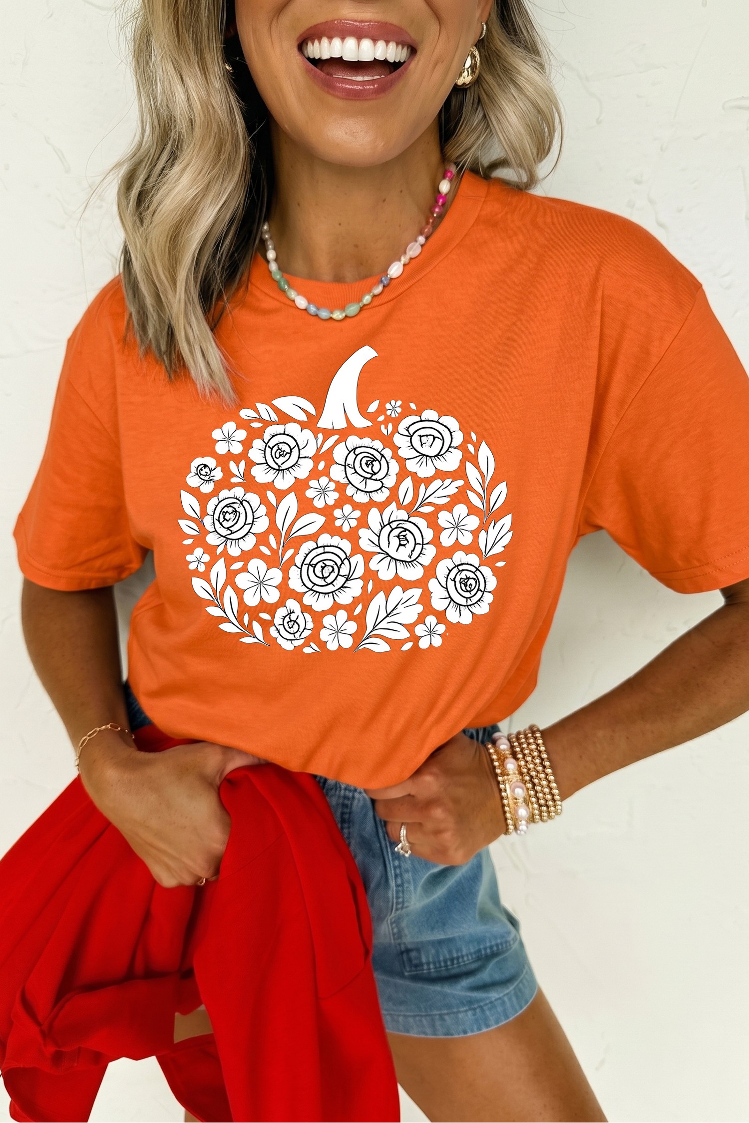 Fall Graphic Pumpkin Women's Tee, Cuffed Sleeve Floral Top - Detail View 8 Fall Graphic Pumpkin Women's Tee, Cuffed Sleeve Floral Top - Detail View 8