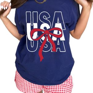 Women's Blue USA Bow Printed Casual Cotton Blend T-Shirt - Main View