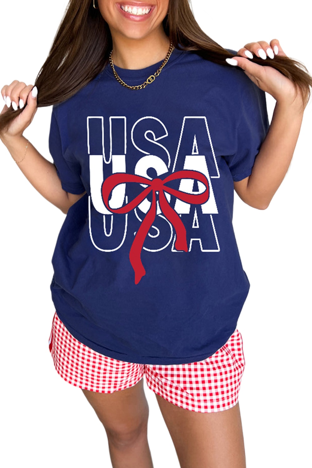 Women's Blue USA Bow Printed Casual Cotton Blend T-Shirt - Main View Women's Blue USA Bow Printed Casual Cotton Blend T-Shirt - Main View