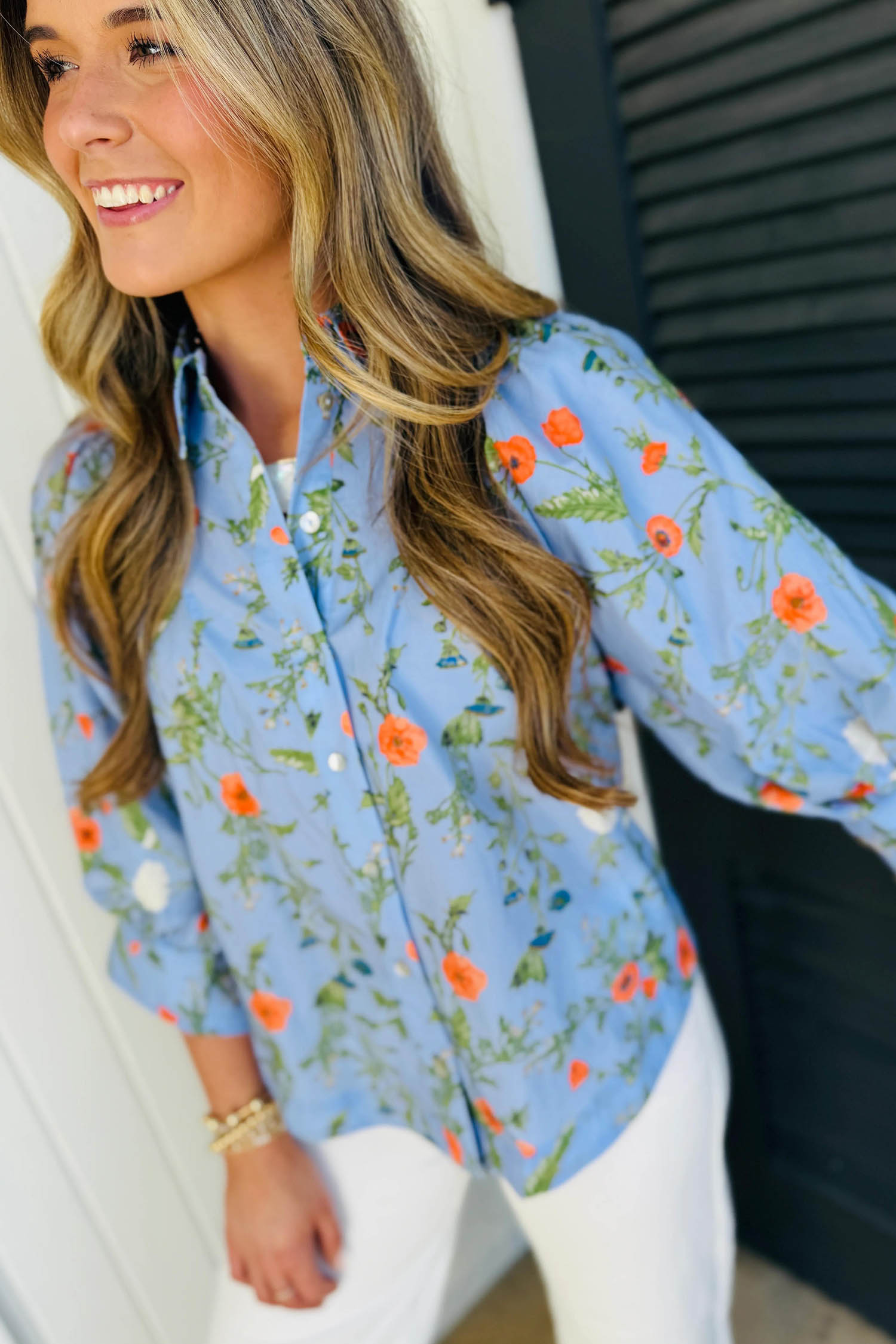 Women's Floral Button Down Shirt, Casual Sky Blue Blouse - Detail View 7 Women's Floral Button Down Shirt, Casual Sky Blue Blouse - Detail View 7