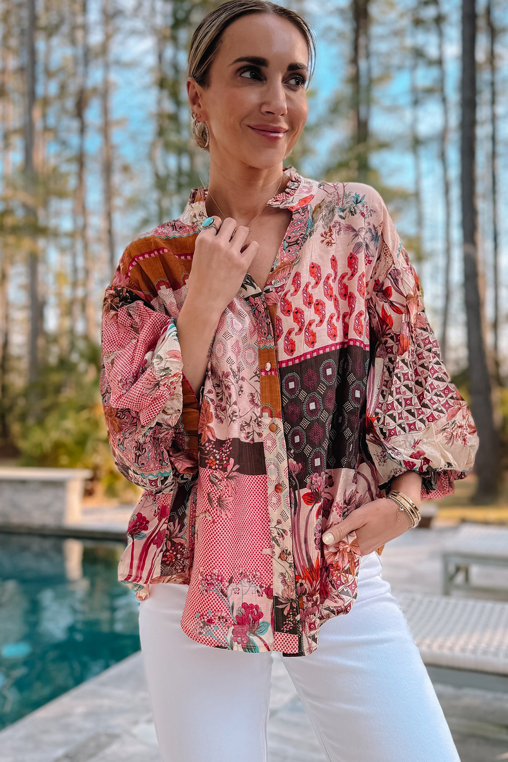 Casual Red Patchwork Bubble Sleeve Top - Perfect for Spring Outfits - Detail View 3 Casual Red Patchwork Bubble Sleeve Top - Perfect for Spring Outfits - Detail View 3