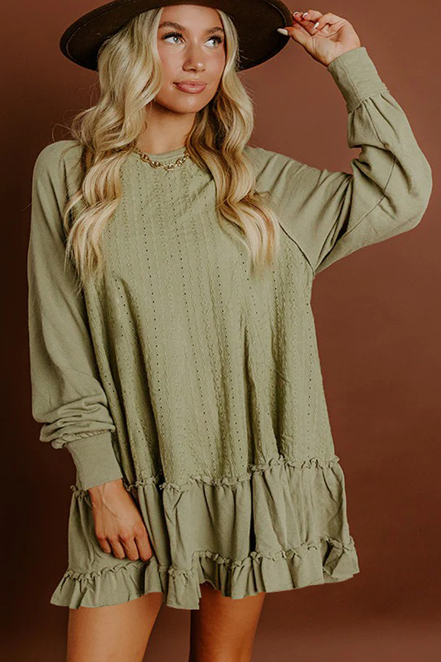 Chic Laurel Green Mini Dress with Frills – Perfect for Daily Wear in Spring & Summer - Detail View 5 Chic Laurel Green Mini Dress with Frills – Perfect for Daily Wear in Spring & Summer - Detail View 5