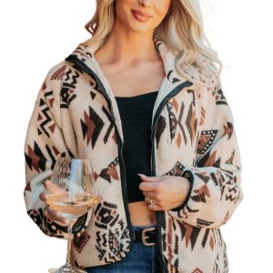 Women's Geometric Sherpa Jacket, Cozy Winter Zip Up Coat - Main View
