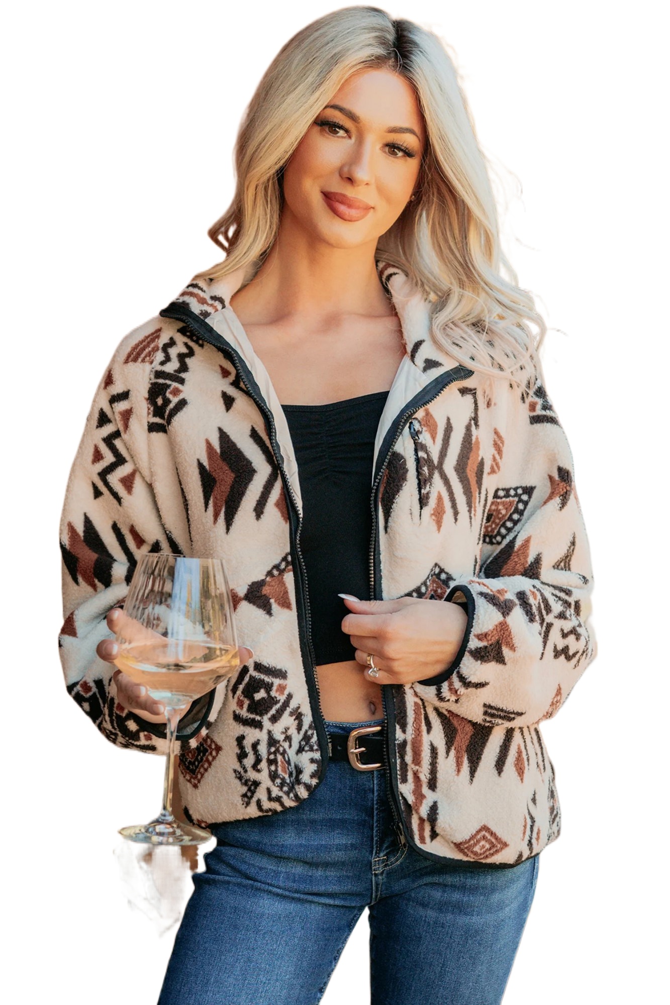 Women's Geometric Sherpa Jacket, Cozy Winter Zip Up Coat - Main View Women's Geometric Sherpa Jacket, Cozy Winter Zip Up Coat - Main View