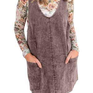 Women's Khaki Denim V-Neck Suspender Mini Dress – Vintage Washed Casual Western Style for Daily Wear - Main View