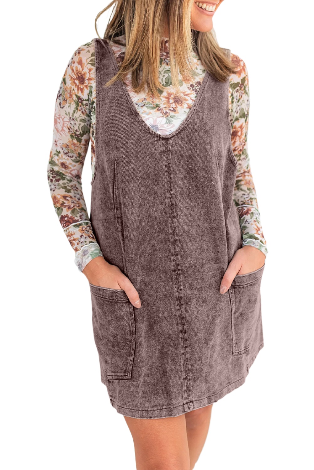 Women's Khaki Denim V-Neck Suspender Mini Dress – Vintage Washed Casual Western Style for Daily Wear - Main View Women's Khaki Denim V-Neck Suspender Mini Dress – Vintage Washed Casual Western Style for Daily Wear - Main View
