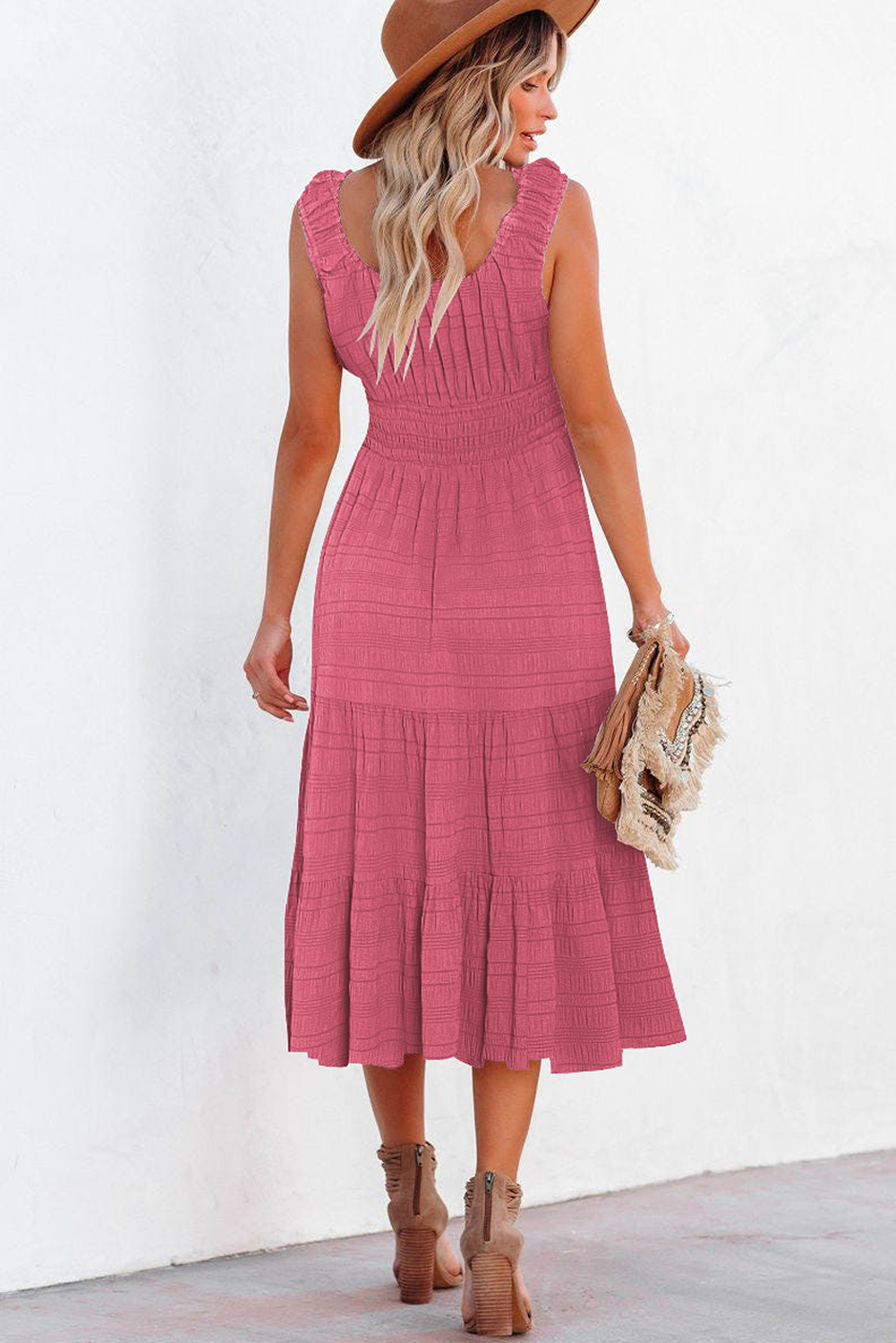 Women's Square Neck Sleeveless Summer Midi Dress – Shirred Bodice Pleated Casual Dress for Beach, Vacation, and Daily Wear, Rose - Detail View 2 Women's Square Neck Sleeveless Summer Midi Dress – Shirred Bodice Pleated Casual Dress for Beach, Vacation, and Daily Wear, Rose - Detail View 2